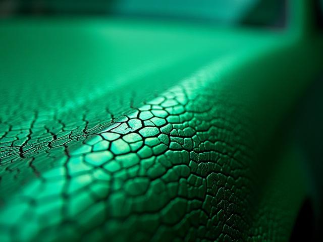 翡翠色の鱗のような車体ラッピングのクローズアップ